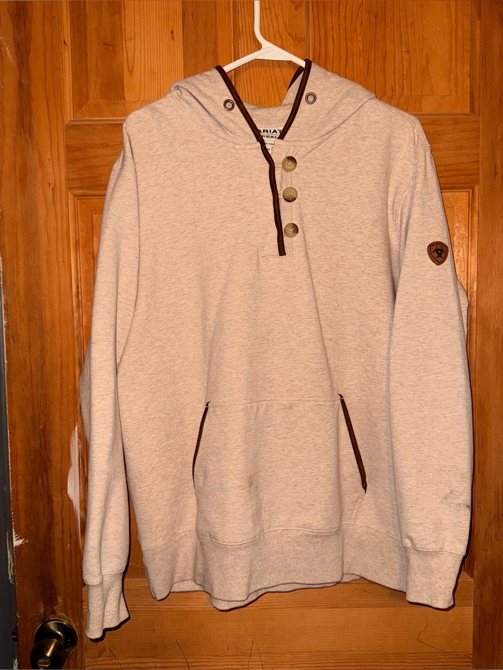 Tan Hooded Pullover Sweater with Brown Trim